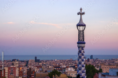 Panorama view of Barcelona from the top, sunset.