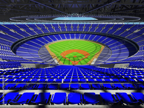 3D render of baseball stadium with blue seats and VIP boxes