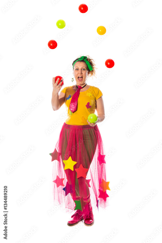 Woman animator in fany suit preparing for engaged with children Woman animator in fany suit preparing for engaged with children