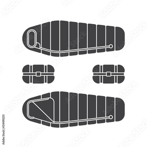 Sleeping bag spread out and ready to use. Packed in a roll and compressed by the bag. Vector illustration flat, isolated on white background.
