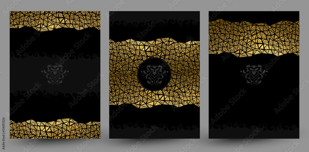 set of three banners with gold texture decoration on the black background. - obrazy, fototapety, plakaty 