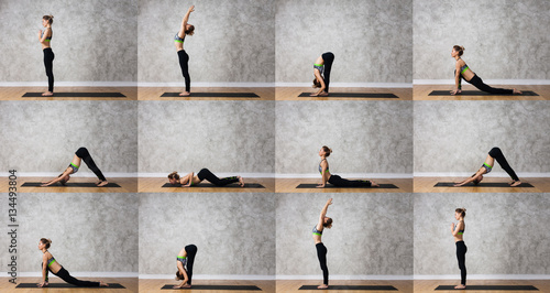 Fotografie Sun salutation / surya namaskar set against texturized wall / urban background