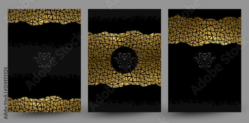 set of three banners with gold texture decoration on the black background.