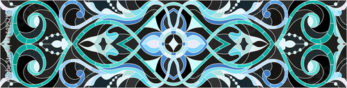 Illustration in stained glass style with abstract  swirls,flowers and leaves  on a black background,horizontal orientation