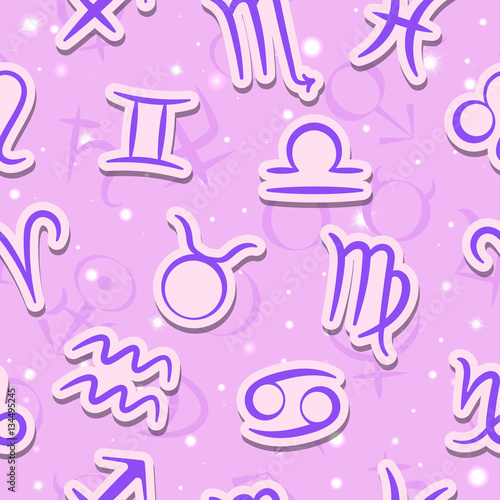 Seamless pattern with zodiac signs and the signs of the planets on the starry purple sky