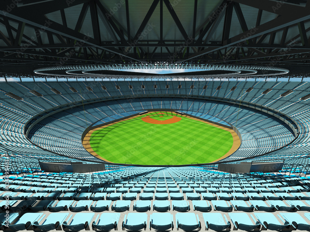 3D render of baseball stadium with sky blue seats and VIP boxes