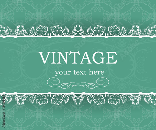 Vintage background with decorative frame. Elegant design element template with place for your text. Floral border. Lace decoration for birthday greeting card, wedding invitation.