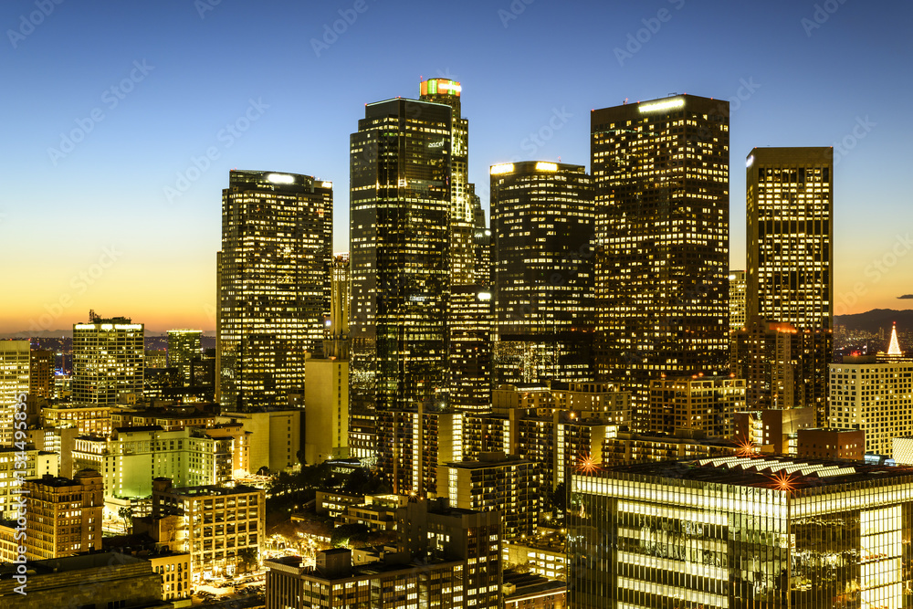 Downtown skyscrapers Los Angeles California at sunset