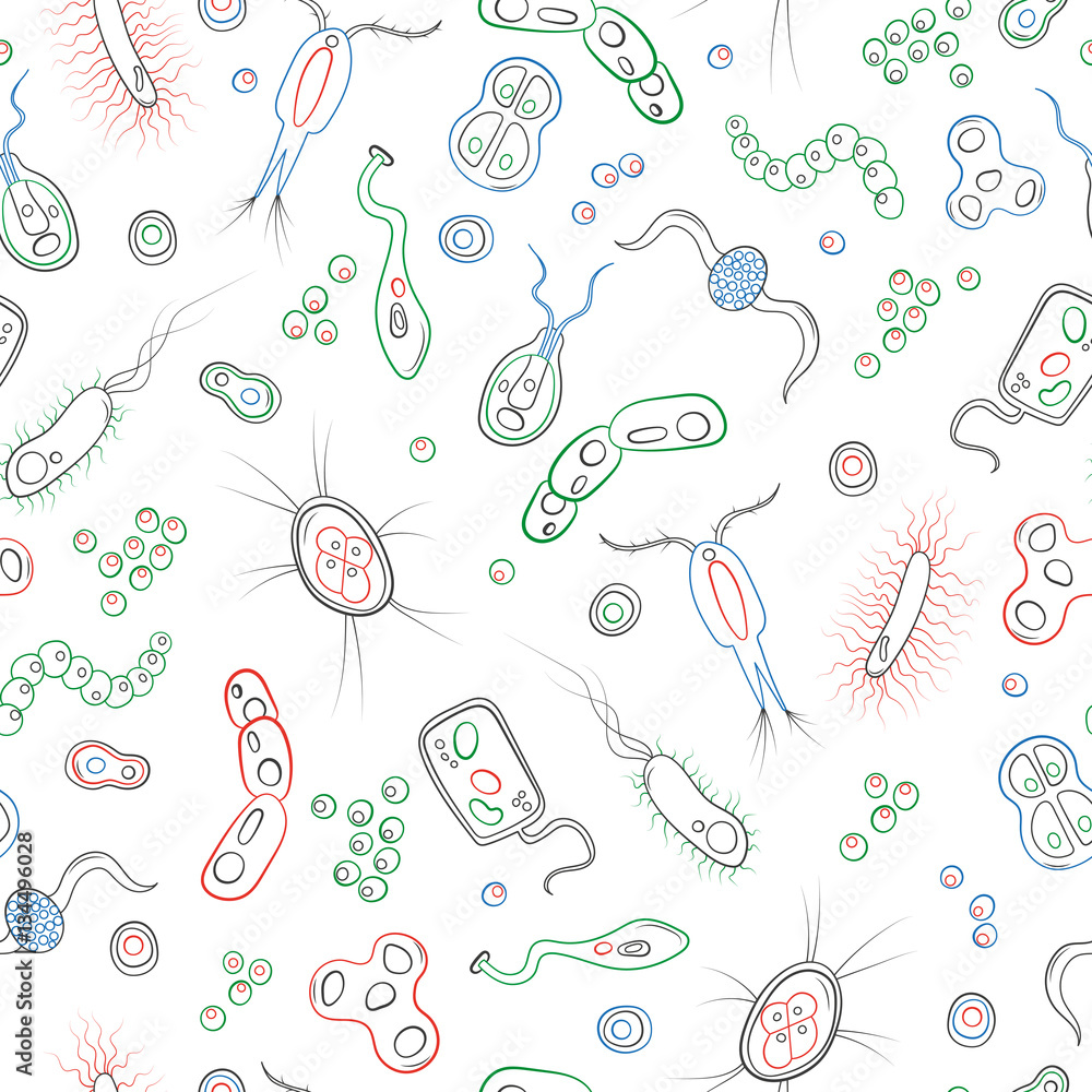 Seamless pattern with contour images of bacteria, germs and viruses , simple colored contour icons on white background