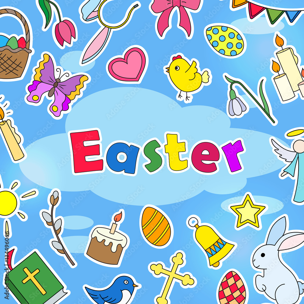 The background image on the Easter theme, simple colored stickers icons on a blue background and the words The background image on the Easter theme, simple colored stickers icons on a blue background and the words