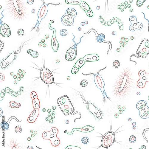 Seamless pattern with contour images of bacteria, germs and viruses , simple colored contour icons on white background