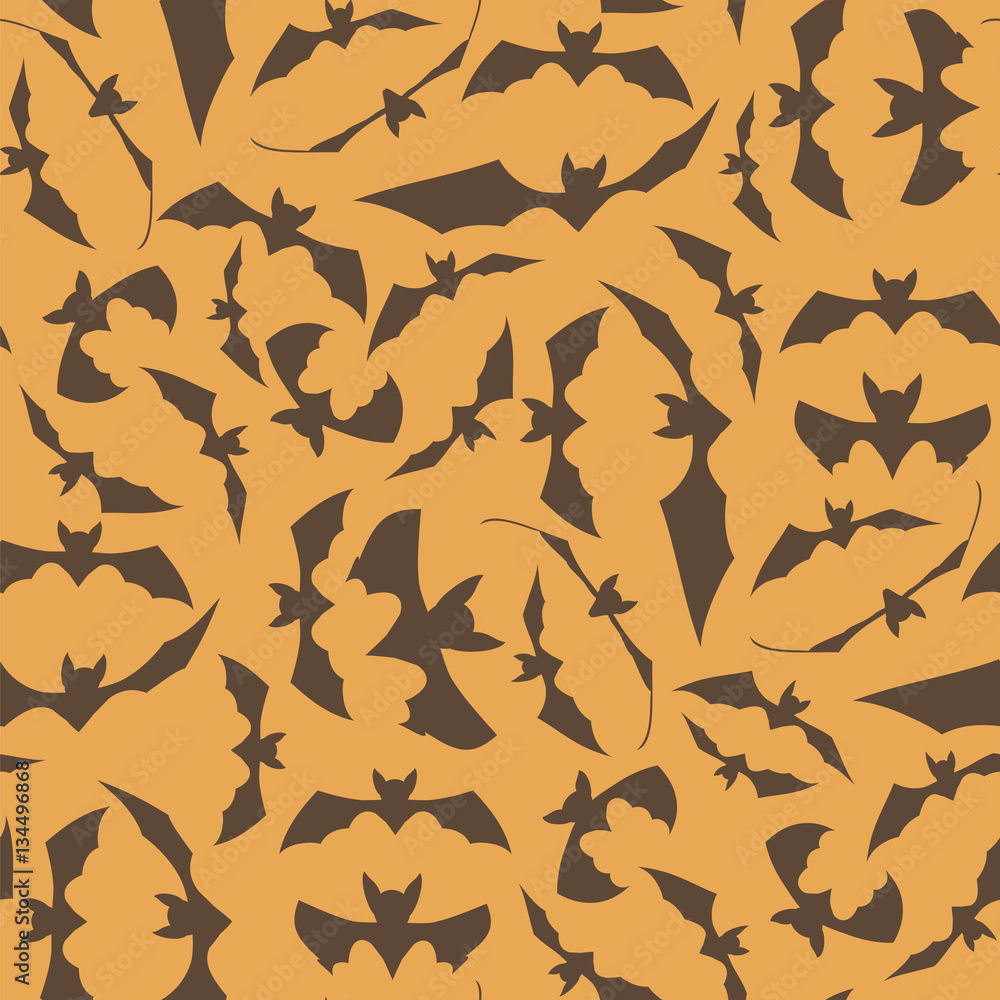 Brown Cartoon Bat Seamless Pattern on Orange Background