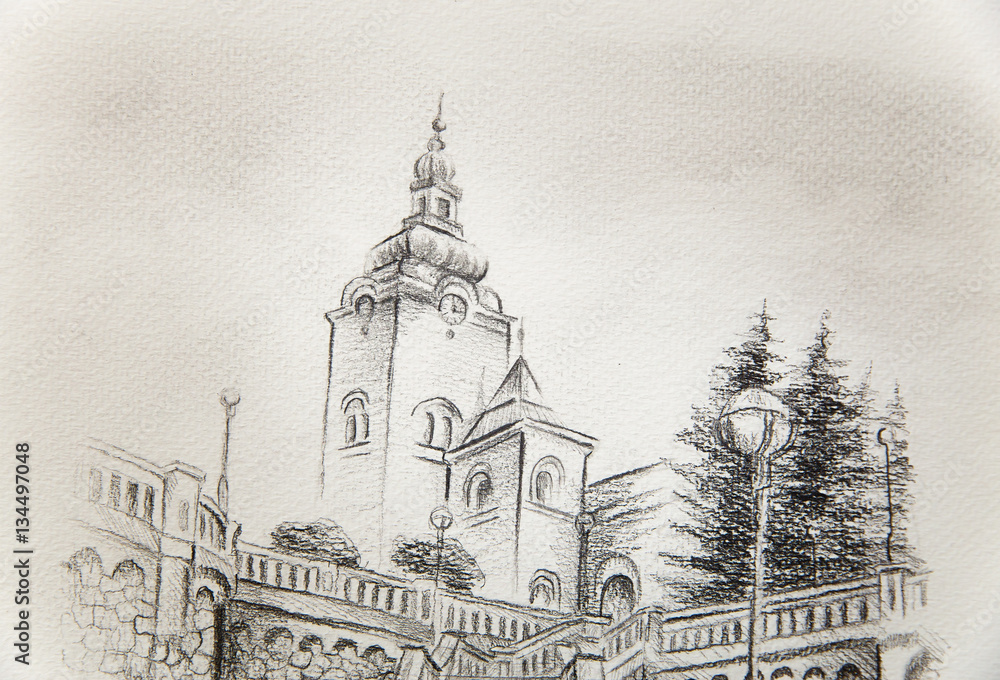 Fototapeta premium church dominant in the old town, pencil drawing on paper.