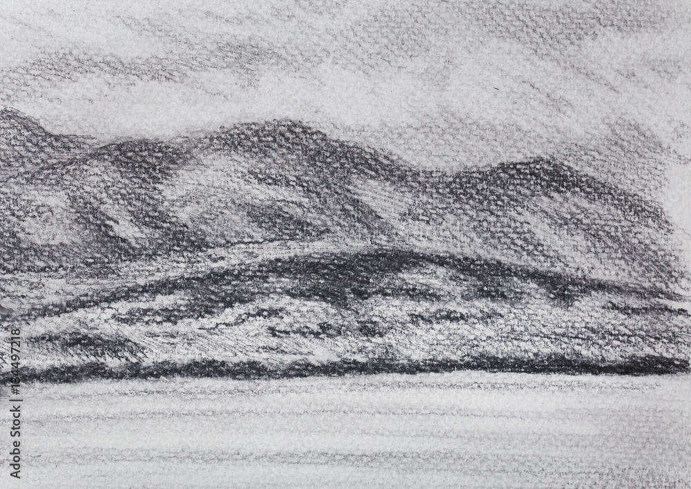 lanscape scenery with lake and mountains, pencil drawing.