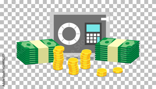 Closed small safe box and stacks of gold coins and stacks of dollar cash. Vector illustration in flat design on isolated background