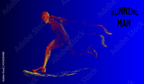 Runner of the particles. The man runs and the wind out of him pulling out pieces in the shape of a circle on blue background. Vector illustration. © shacil