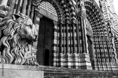 details of saint lawrence cathedral in genoa italy in black and white
