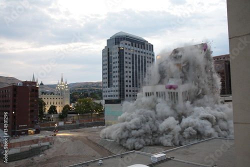 Building demolition with explosives	in downtown city location