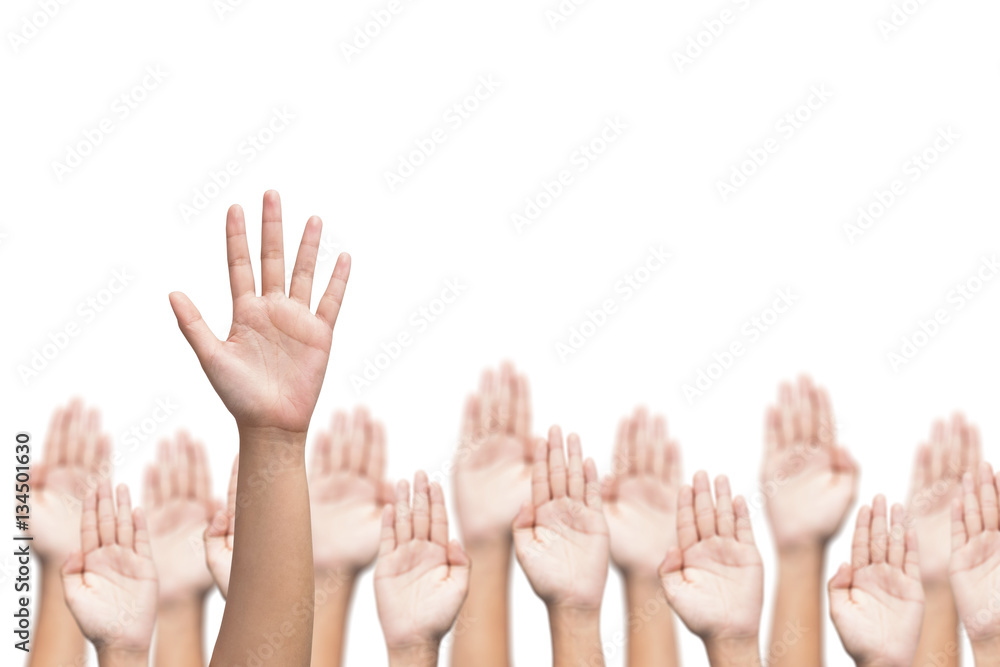 Business crowd raising hands high up on white background. Concept Business / Question / Ask. Business crowd raising hands high up on white background. Concept Business / Question / Ask.