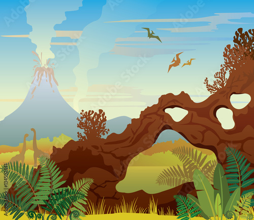 Prehistoric landscape. Arch, volcano and fern.