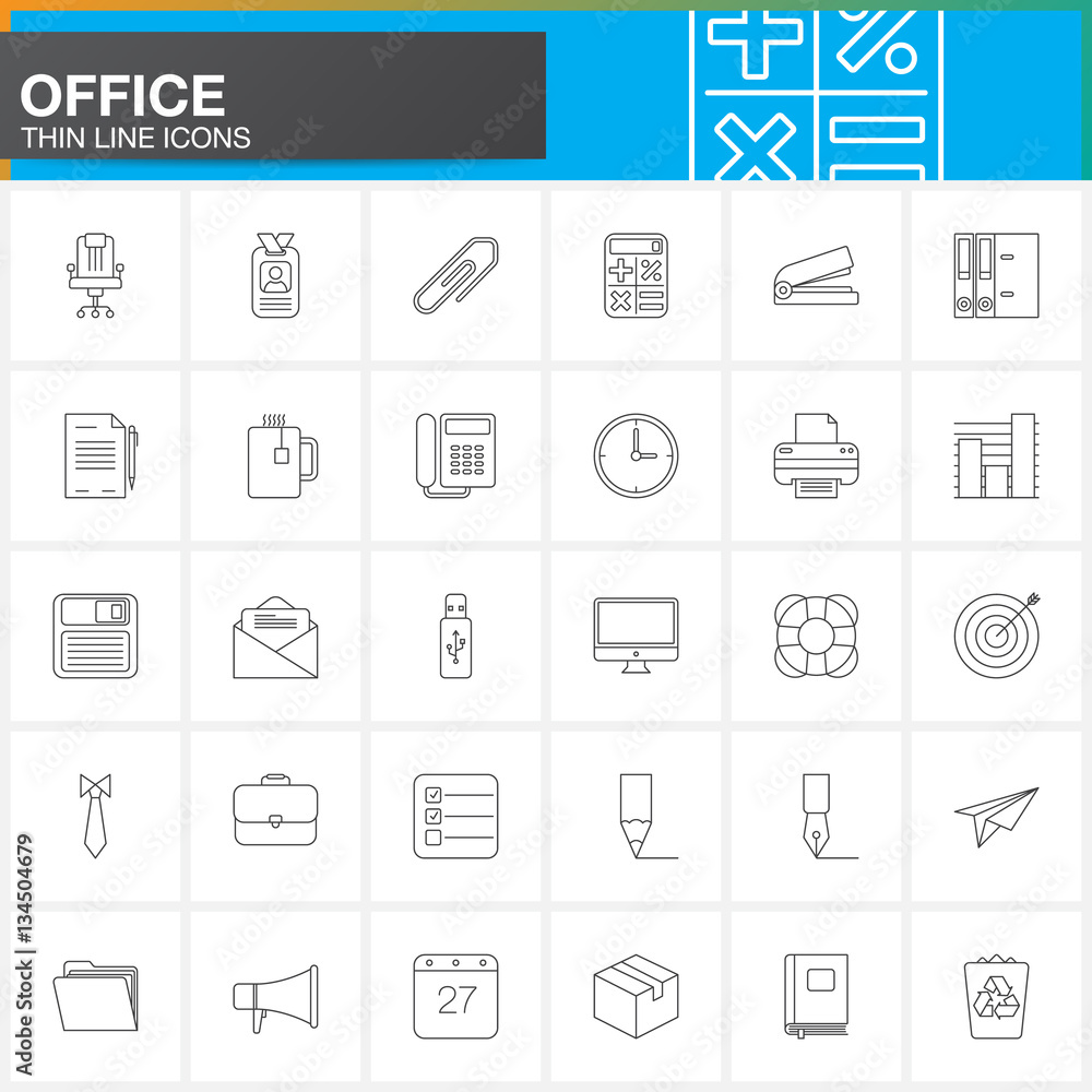 Office thin line icons set, outline vector symbol collection, linear pictogram pack isolated on white, logo illustration