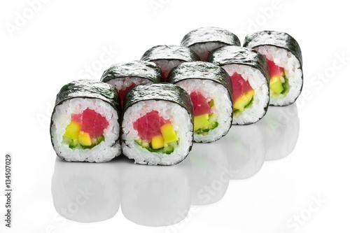 Sushi roll with tuna and avocado isolated on white 