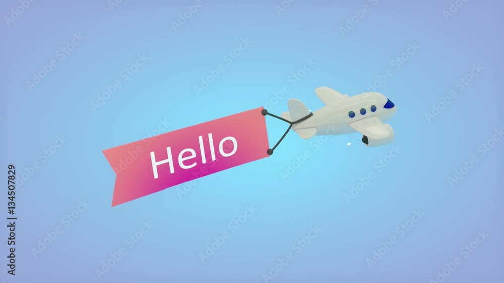 Computer generated, Airplane on blue background with text on flag, Hello. Computer generated, Airplane on blue background with text on flag, Hello.