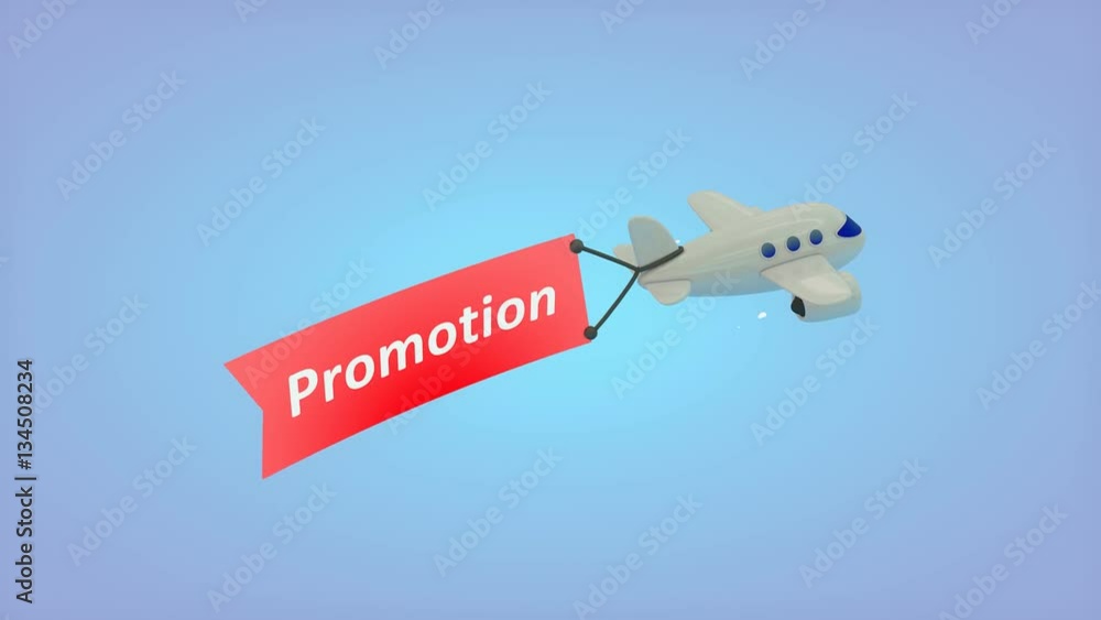 Computer generated, Airplane on blue background with text on flag, Promotion. Computer generated, Airplane on blue background with text on flag, Promotion.