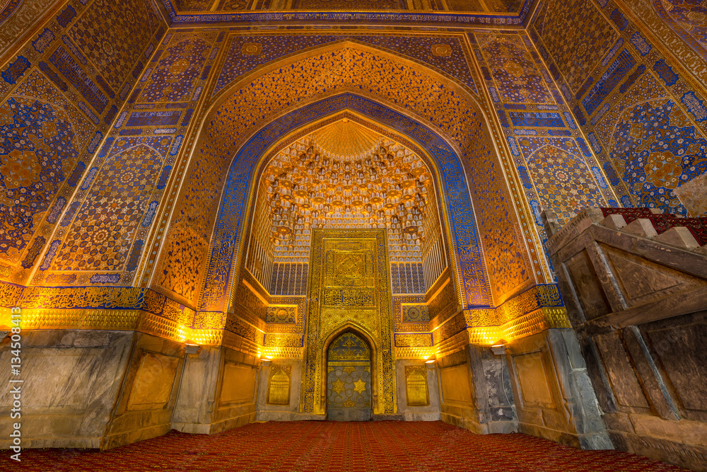 Gold mosaic in Tilya Kori Madrasah, Samarkand, Uzbekista