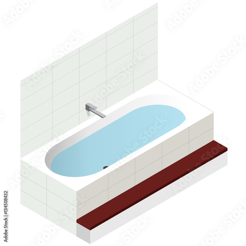 Vector bath tub in isometric perspective. Modern bathtub filled with water. Isolated sanitary equipment purchased with modern water battery tap. Rectangular bathroom fixtures in family house apartment