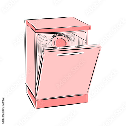 Vector illustration of a dishwasher in pink on a white background