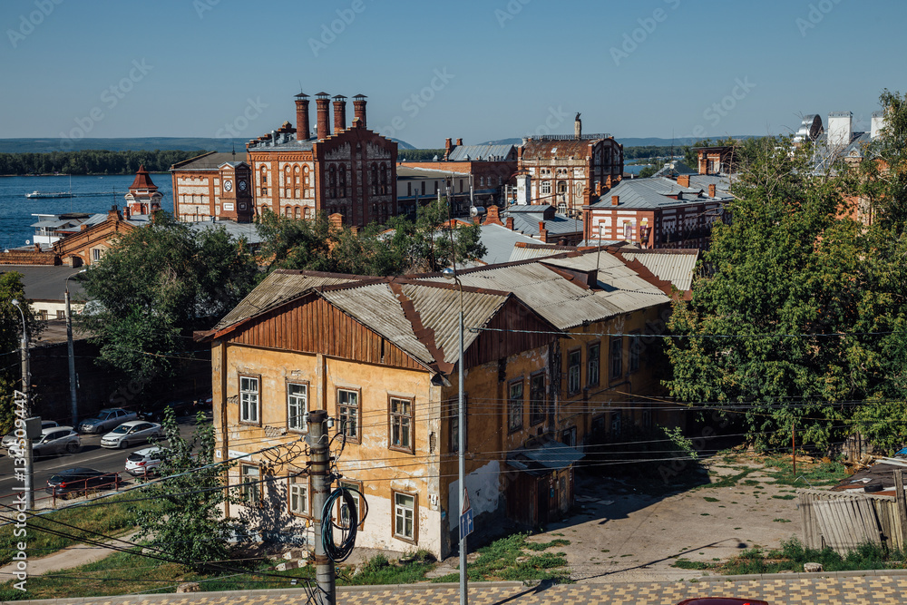 Cityscape view of Samara, old industrial buildings of Zhiguli Brewery