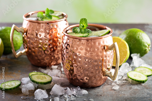 Moscow mule cocktail with lime and cucumber