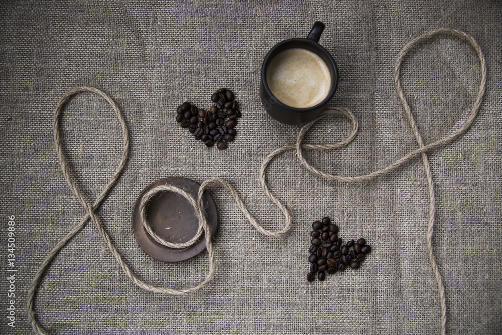 coffee on burlap background - love on Valentine's Day coffee on burlap background - love on Valentine's Day