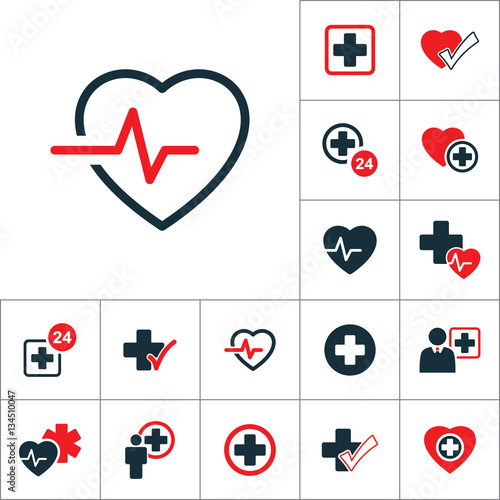 cardiology wave monitor heart icon, medical signs set on white background
