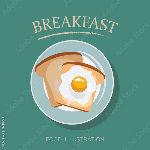Breakfast table vector  illustration with omelette and toast bread flat style. Top view.