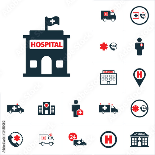 hospital building front icon, medical set