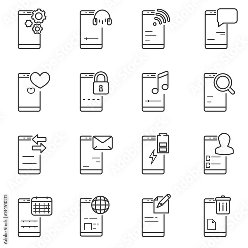 Smartphone, icons set. Mobile phone, thin line design. Application and communication linear symbols collection
