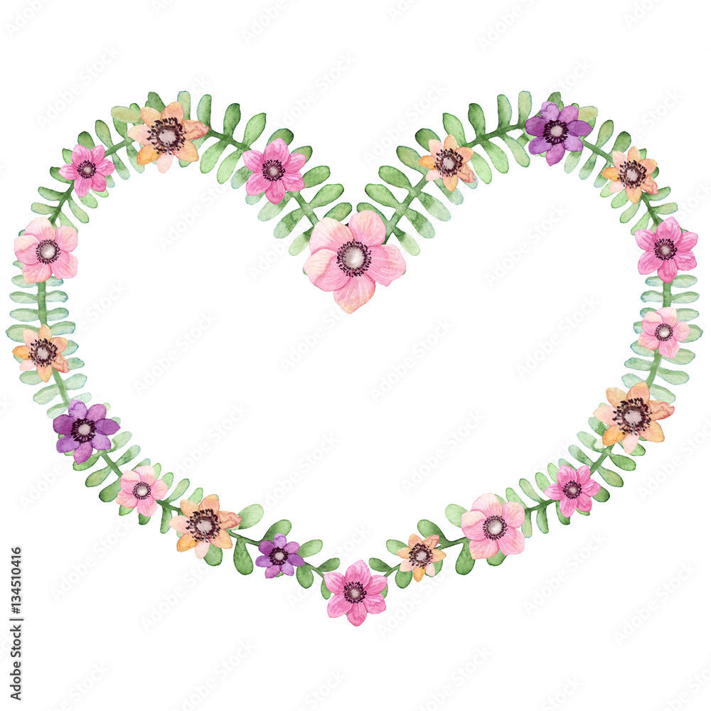 Floral Frame with Watercolor Heart and Flowers