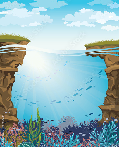 Underwater sea - coral reef and creatures.