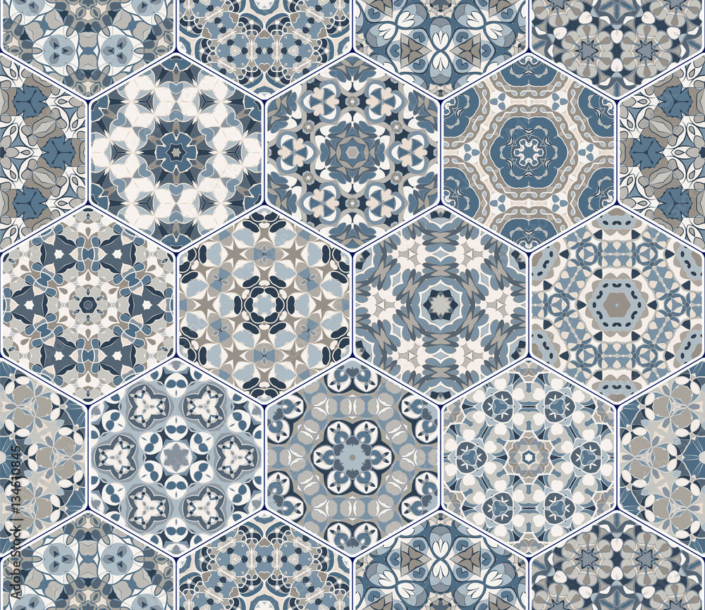 Vector set of blue hexagonal patterns.