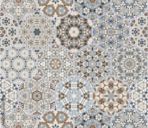 Vector set of blue and brown hexagonal patterns.