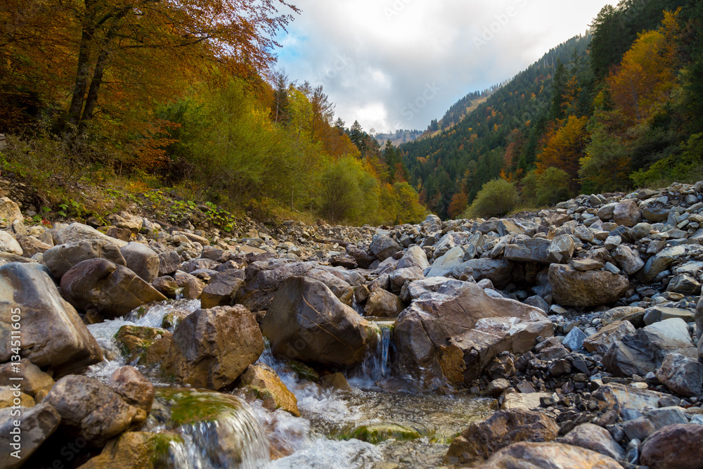 Rock river bed in the autumn alps Rock river bed in the autumn alps