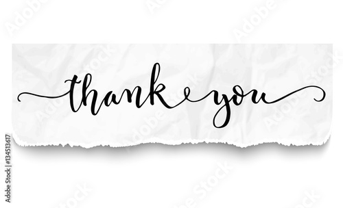 Hand lettering thank you inscription on crumpled piece of paper background. Vector illustration. Can be used for card design.
