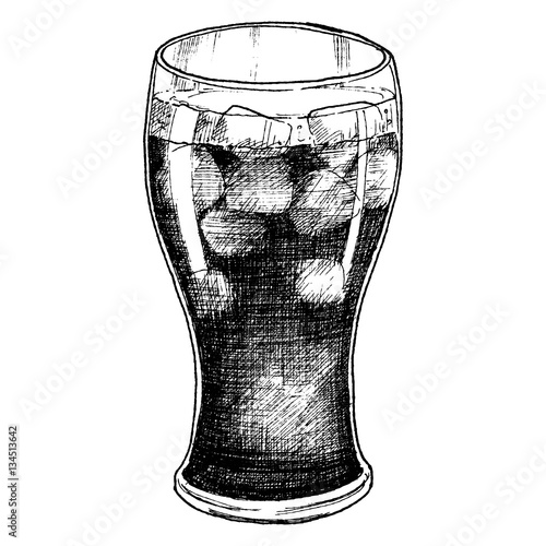 Sketch ink graphic glass with cola with ice drink illustration, vector draft silhouette drawing, black on white background. Delicious vintage etching food design.