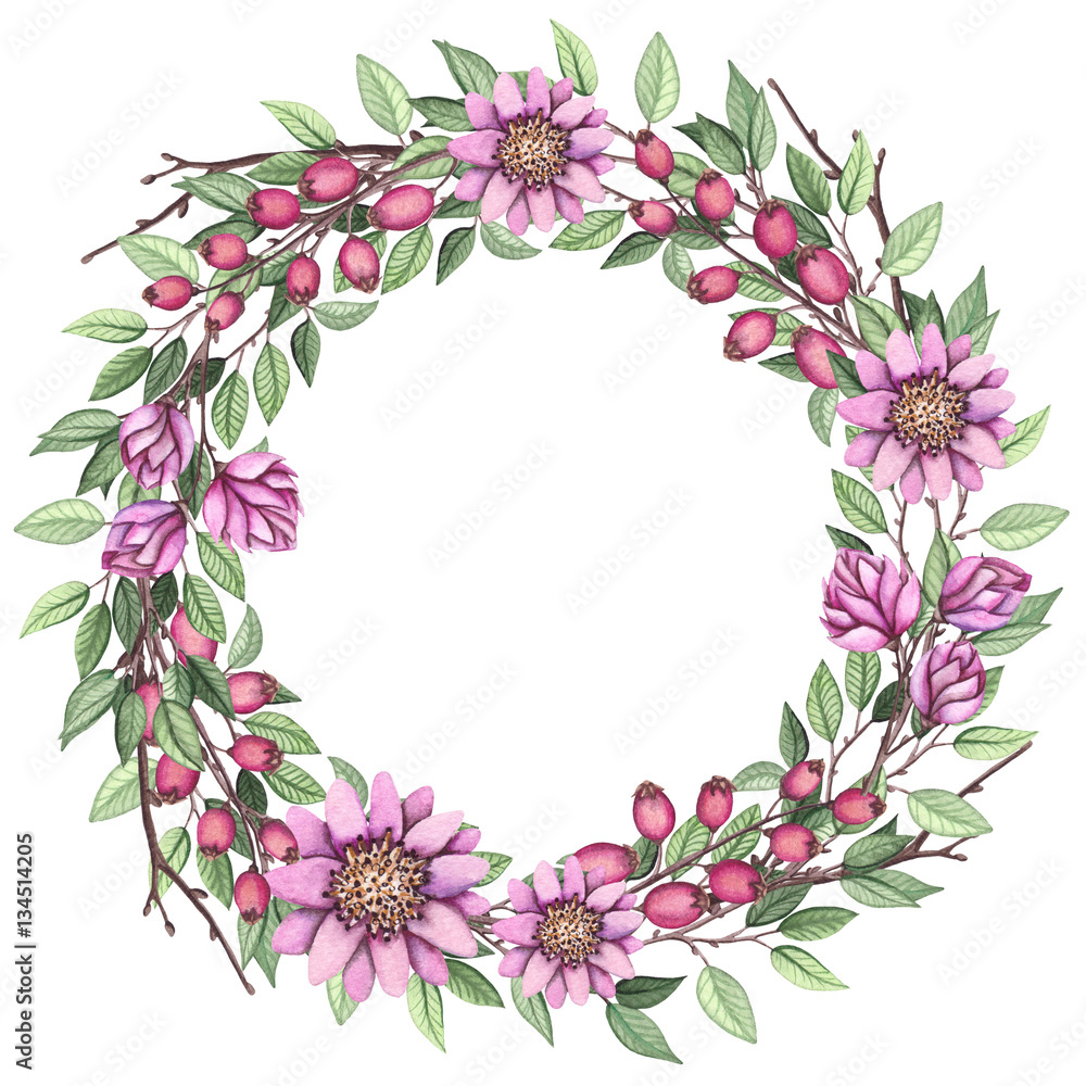 Obraz premium Wreath with Watercolor Wild Flowers and Berries