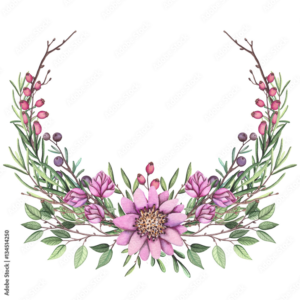Wreath with Watercolor Tree Branches and Violet Flowers