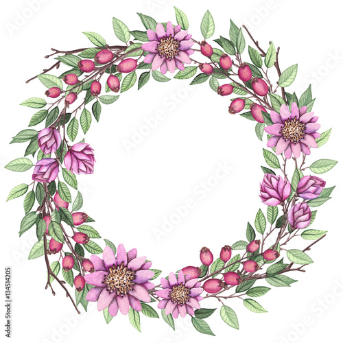 Wreath with Watercolor Wild Flowers and Berries