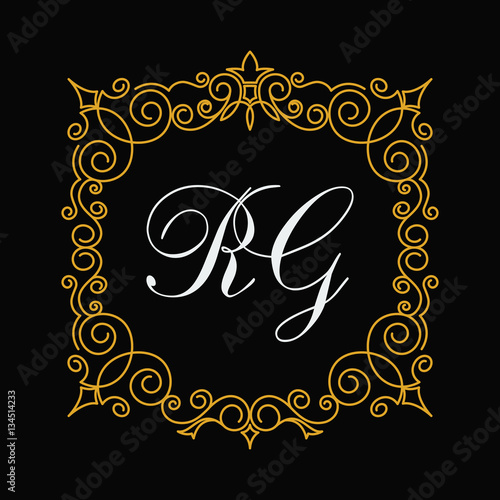 Vector template decorative frame. Pattern in the form of an abstract golden flower. Vintage monogram initials. Label business, bars, restaurants, cafes, spas, hotels, shops, wedding.