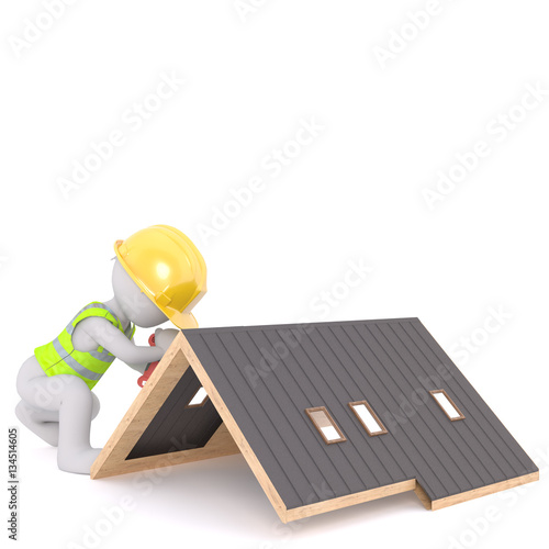 Cartoon Builder in Hard Hat Working on House Roof